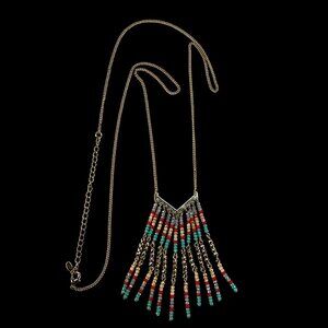 Premier Designs Gold Tone V-Shaped Beaded Dangle Necklace Blue & Red 34"